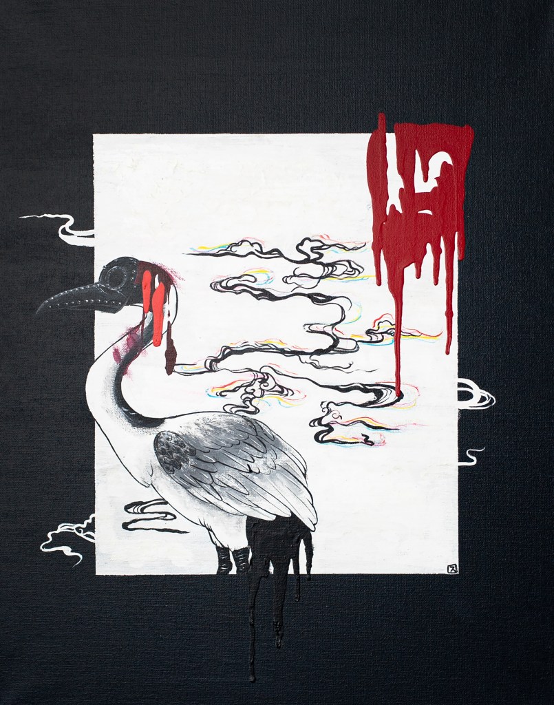 red crane. 2023. acrylics on canvas.